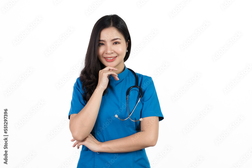 Positive, Medical nurse character woman hospital worker, Young confident Asian woman nurse hospital worker in blue clothing isolated on white background. Positive, Medical nurse character woman hospital worker, Young confident Asian woman nurse hospital worker in blue clothing isolated on white background.