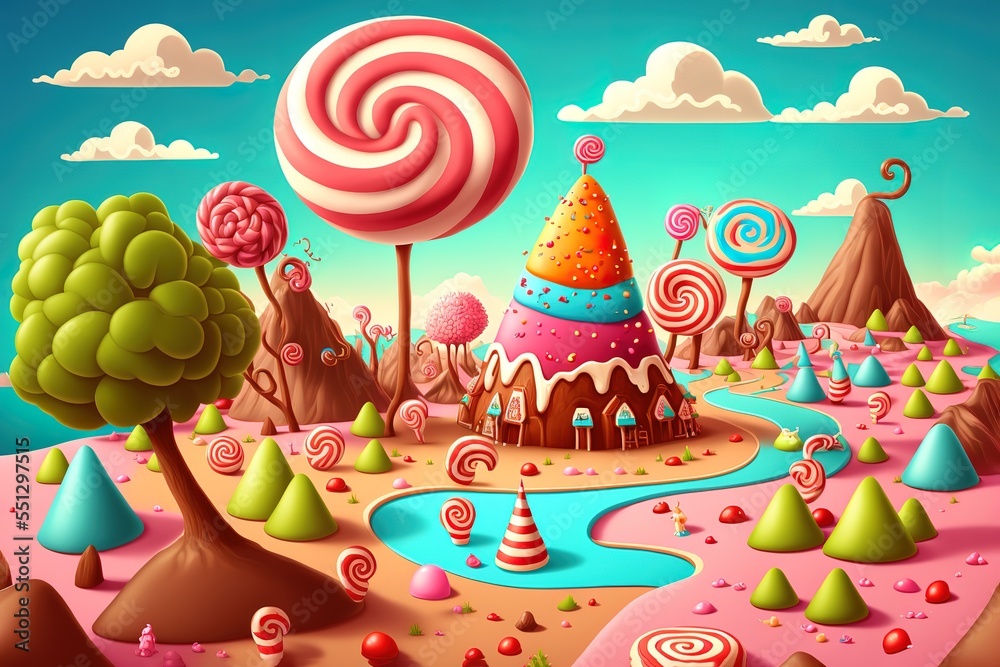 Sweet candy land. Cartoon game background. 3d vector illustration