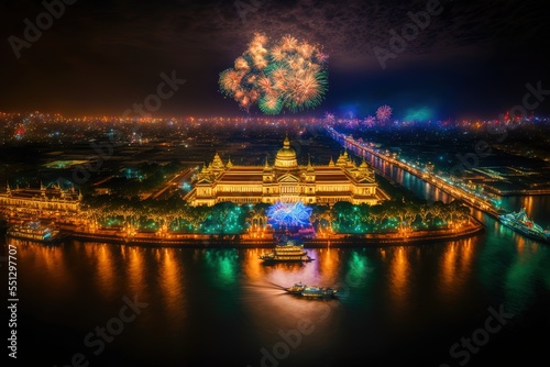 Top view of River with The Grand Palace, New Year fireworks.