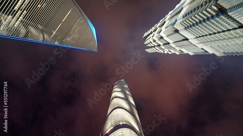 night view of Shanghai tower, Jin mao tower and Shanghai World Financial Center, landmarks in Lujiazui, Pudong district, low angle view.
