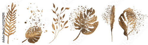 Big hand drawn colorful gold plant set - universally usable. Botanical, chic and trendy plants. Hand drawn lines, elegant leaves for your own design. Flower branch and minimalistic modern plants.