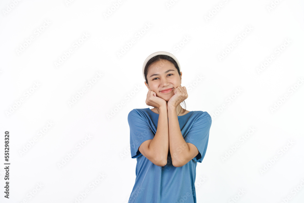 Beautiful Asian woman in blue t-shirt isolated on white background. Beautiful Asian woman in blue t-shirt isolated on white background.