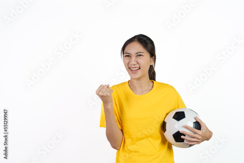 Beautiful female sports fan soccer fans brazil isolated on white background. © NanSan