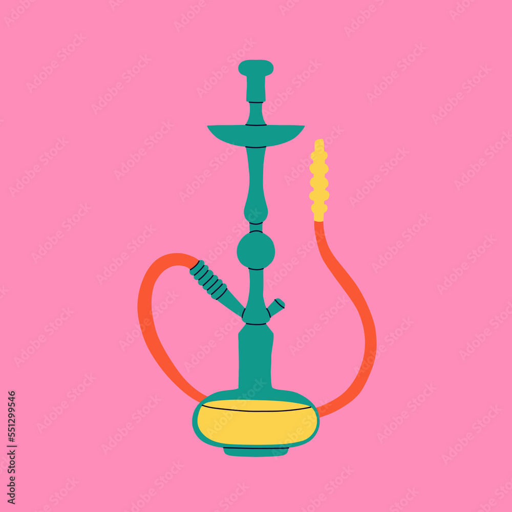 Hookah card. Modern drawing lounge bar or smoke shop poster, arabic tobacco smoking equipment. Calabash with glass flask and tube, bright contemporary vector cartoon flat isolated illustration Hookah card. Modern drawing lounge bar or smoke shop poster, arabic tobacco smoking equipment. Calabash with glass flask and tube, bright contemporary vector cartoon flat isolated illustration
