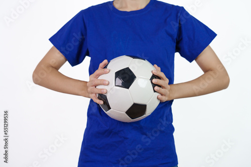 Beautiful young soccer female sport fans with blue t-shirt isolated on white background.