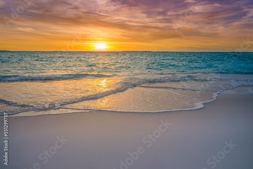 Closeup sea sand beach. Beautiful beach landscape. Inspire tropical beach seascape horizon. Dreamy sunset sky calm tranquil relax sunset summer mood. Positive energy  meditation summer tropical island