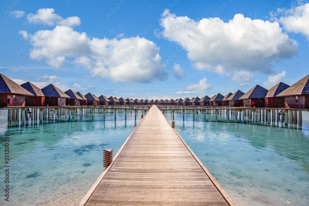 Amazing sunny landscape. Picturesque summer seaside in Maldives islands. Luxury resort villas seascape with wooden pier walkway. Dream beach symmetrical tropical lagoon bay, fantastic nature scenery
