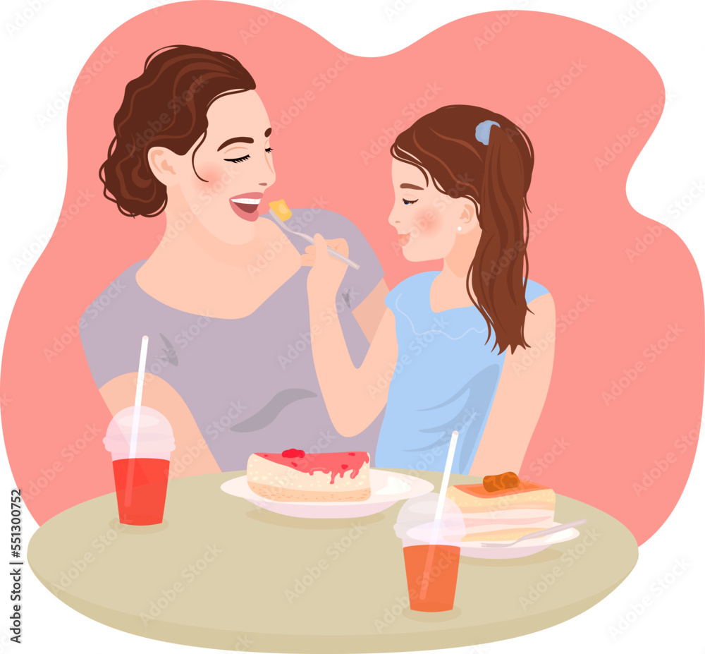 Mother and daughter in a cafe, eating desserts, a girl feeds her mother. The concept of family leisure, family cafe. Vector illustration. Mother and daughter in a cafe, eating desserts, a girl feeds her mother. The concept of family leisure, family cafe. Vector illustration.