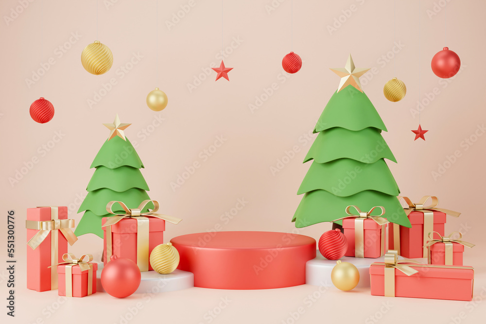 3d rendering christmas and new year background with gift box,tree,ball,star and podium decoration 3d rendering christmas and new year background with gift box,tree,ball,star and podium decoration