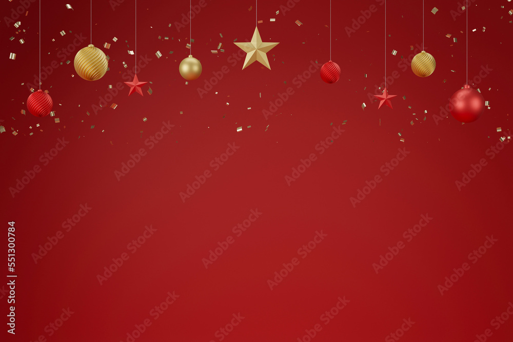 3d rendering christmas and new year red background with star, ball decoration 3d rendering christmas and new year red background with star, ball decoration