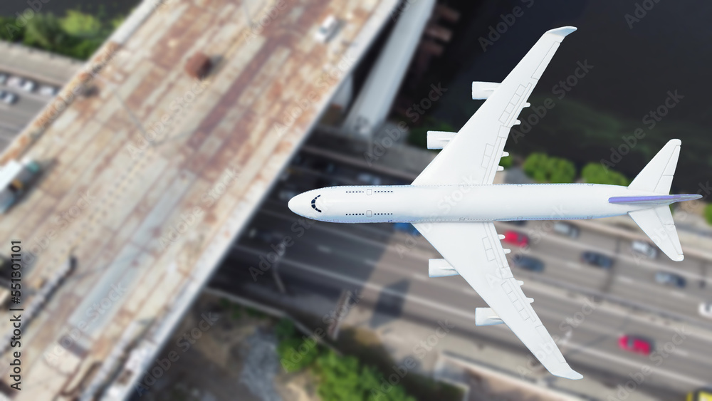 plane flies above the landscape. Side view of aircraft. Travel and transportation concept.