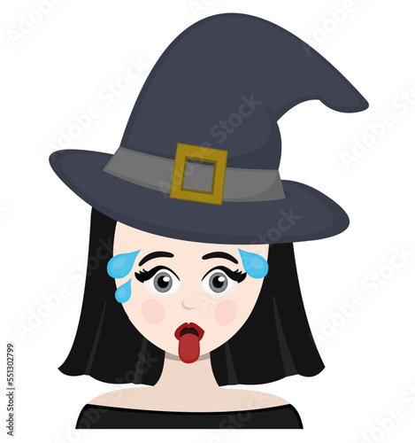 vector illustration of witch cartoon exhausted with sweat drops on his head and tongue out