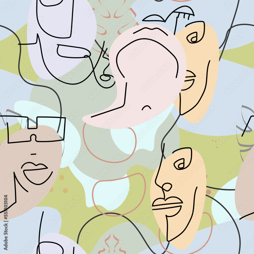 One line drawing. Abstract face seamless pattern. One line drawing. Abstract face seamless pattern.
