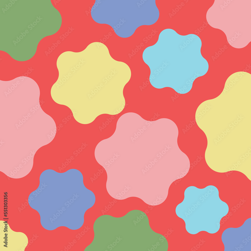 Vector fabric pattern illustration red background abstract unbalance curve patterns flower shape blue yellow pink pastel color different size flower seamless pattern illustration wallpaper abstract. Vector fabric pattern illustration red background abstract unbalance curve patterns flower shape blue yellow pink pastel color different size flower seamless pattern illustration wallpaper abstract.