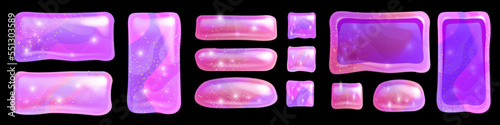 Slime UI rectangle button set, cartoon cute frame shiny shapes, vector pink glossy texture tile. Game jelly menu banner collection, mobile app badge assets. Slime Halloween button border clipart