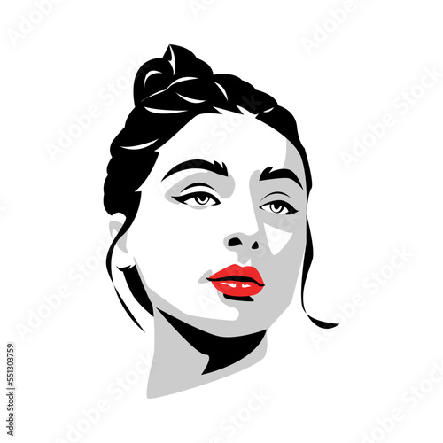portrait of beautiful woman with tied hair. ponytail hair. red lips. vector graphic. isolated on white background
