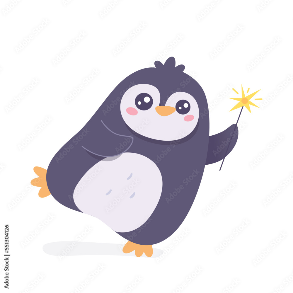 Cute penguin with gold sparkler, funny animal character dancing with bengal lights