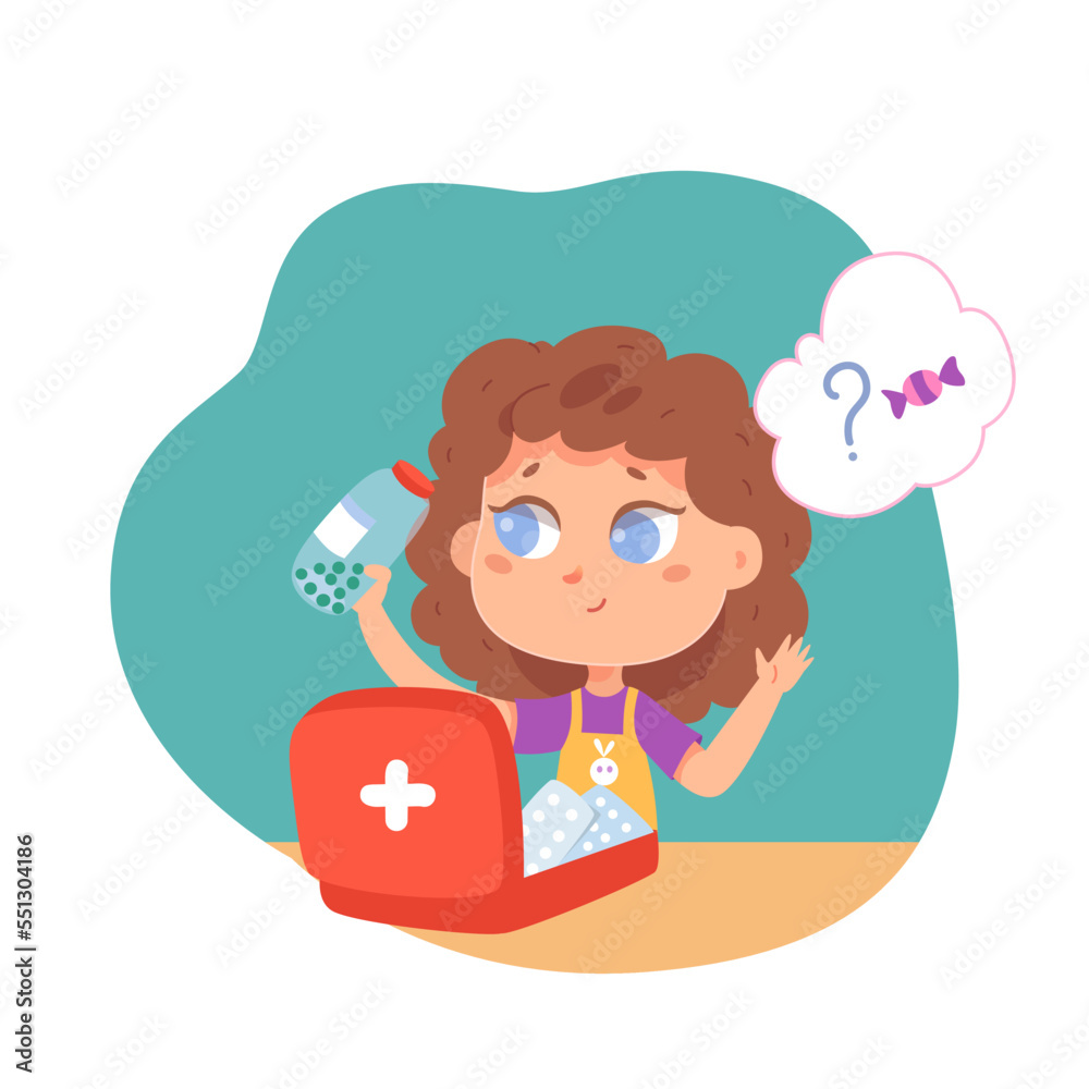 Kid playing with drugs and pills, girl opening first aid box, holding medicine bottle Kid playing with drugs and pills, girl opening first aid box, holding medicine bottle