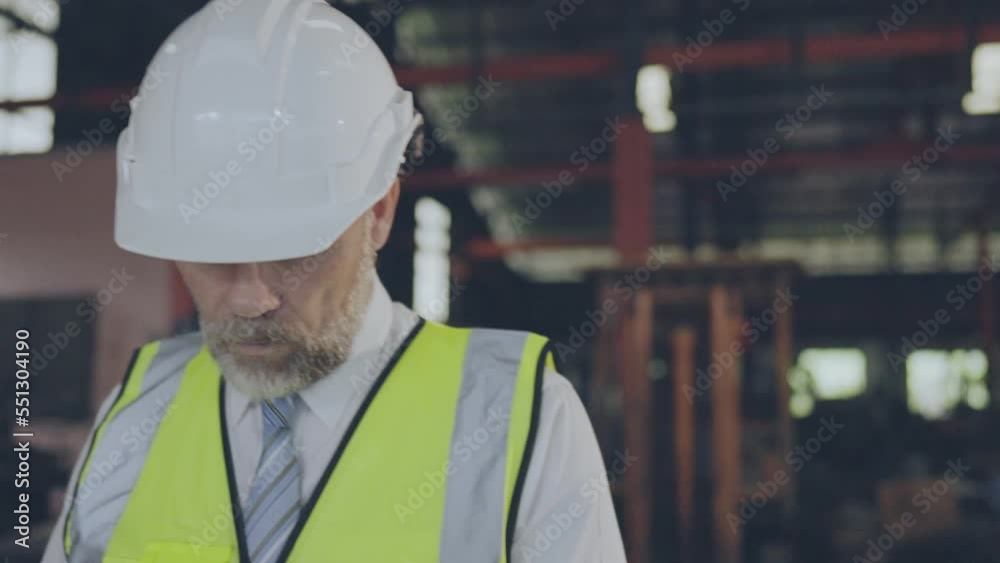 Senior Engineer walking in factory check automation Robot arm machine system. Artificial intelligence concept. Senior Engineer walking in factory check automation Robot arm machine system. Artificial intelligence concept.