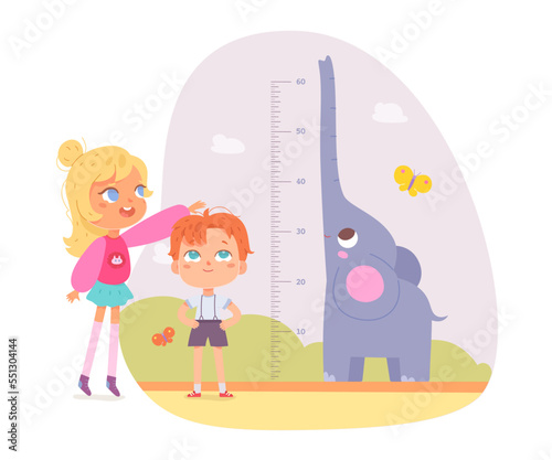 Kids friends measure height with ruler and cheerful elephant vector illustration. Cartoon girl standing with baby boy, chart of progress growth with scale in inches and animal isolated on white