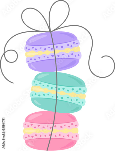 Stack of macarons in pastel colours tired with a ribbon. Bakery, cafe, sweets, candy or dessert theme. French pastry. Vector illustration in flat style isolated on white background. 