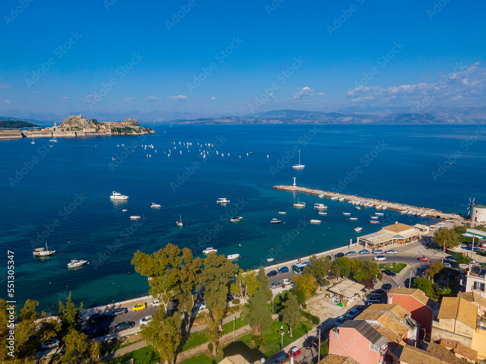 Aerial dronve view of Garitsa bay in corfu greece