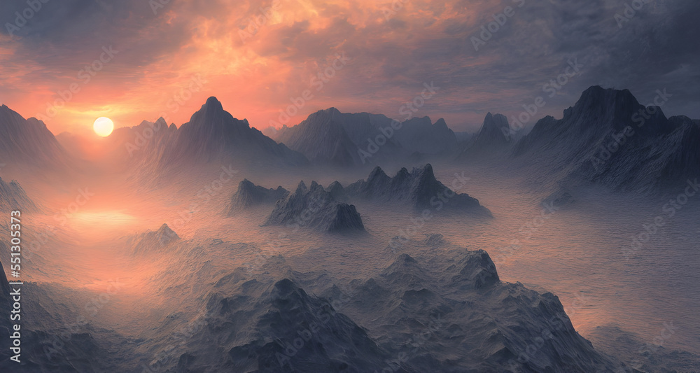 Digital Illustration Fantasy Landscape Mountains With Water Reflection