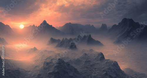 Digital Illustration Fantasy Landscape Mountains With Water Reflection