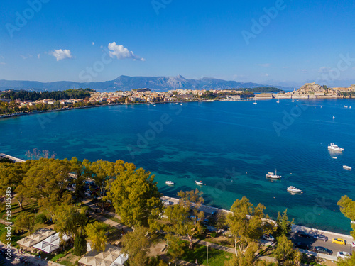 Aerial dronve view of Garitsa bay in corfu greece