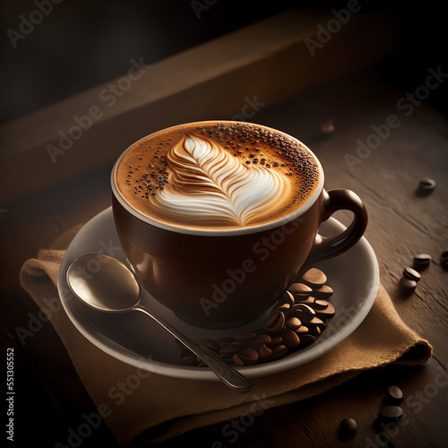 Cup of Coffee with Espresso Beans and Foam  Coffee Cup isolated on brown background
