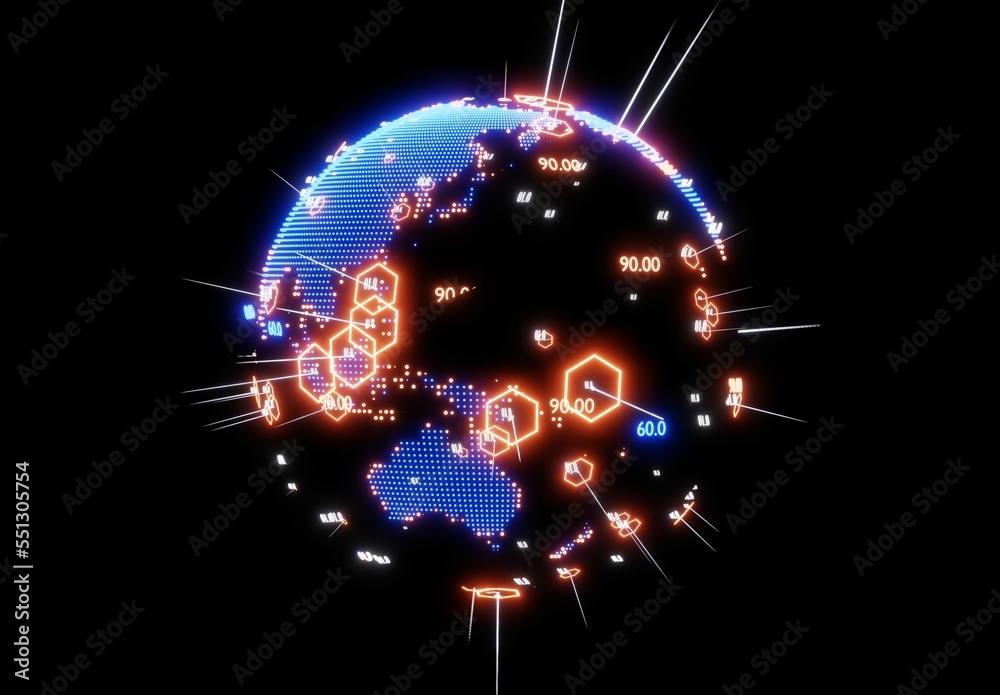 Obraz premium Neon planet Earth and lit up places of growing market. Asia and Australia side. Economy, finance Concept, 3D rendering illustration