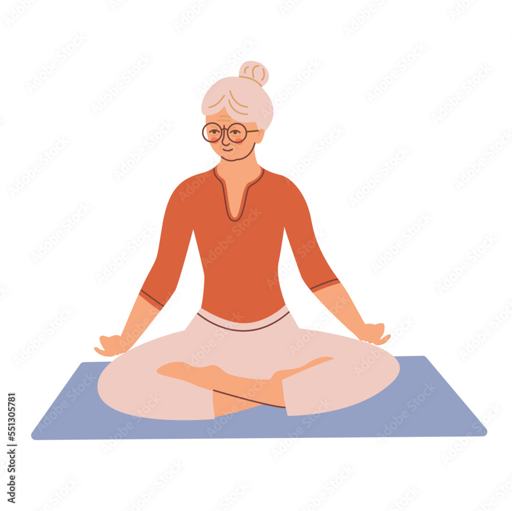 An elderly woman in lotus position, meditation practice concept. Activity in old age. An elderly woman in lotus position, meditation practice concept. Activity in old age.