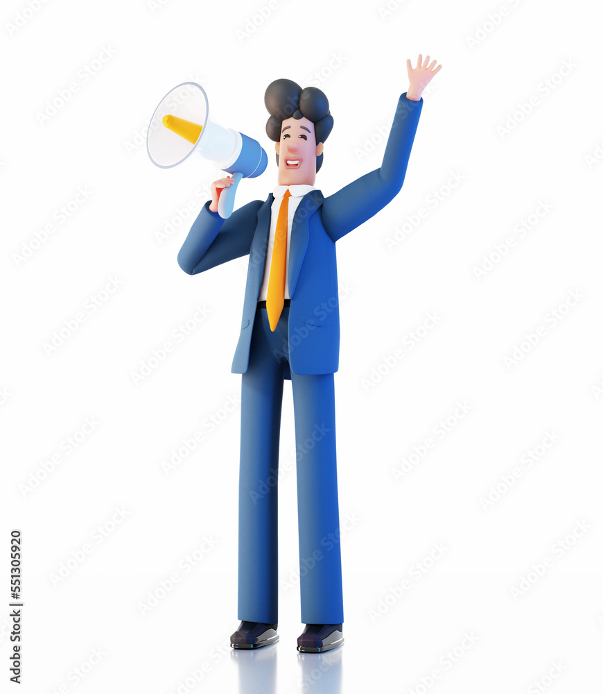 Businessman with megaphone.   3D rendering illustration