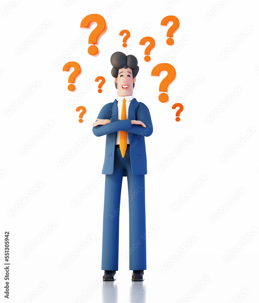 Businessman surrounded by question marks.  