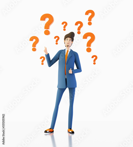 Businessman with question marks. Happy office workers 3D rendering illustration