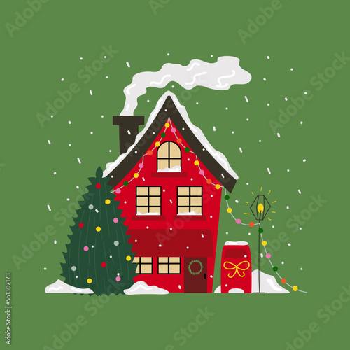 Winter red house with christmas tree and postbox. Holiday and festive vector illustration. Cozy decorated building and snow. 