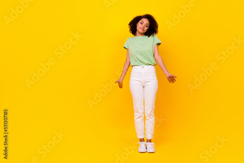 Full body size photo of young adorable gorgeous nice woman palms out dont know indifferent your problems isolated on yellow color background © deagreez
