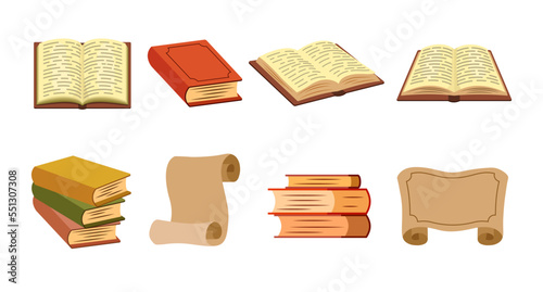 Set of books and scrolls in parchment. Open hardcover books with paper pages, ancient scrolls and curved manuscript Vector illustration isolated on white background