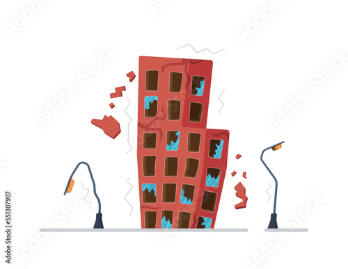 Consequences of a natural disaster or cataclysm. Flooded red apartment building isolated on white background. 