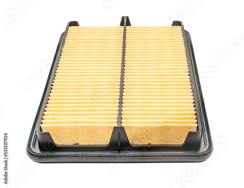 Close up new square car air filter on a white background