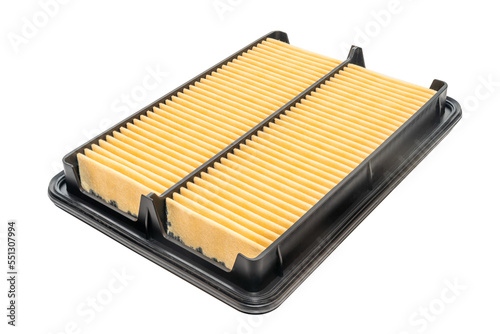 Close up new square car air filter on a white background