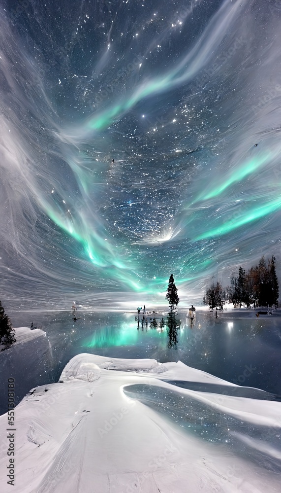 Illustration of a beautiful  winter solstice landscape covered in ice and snow, blue northern lights, digital art