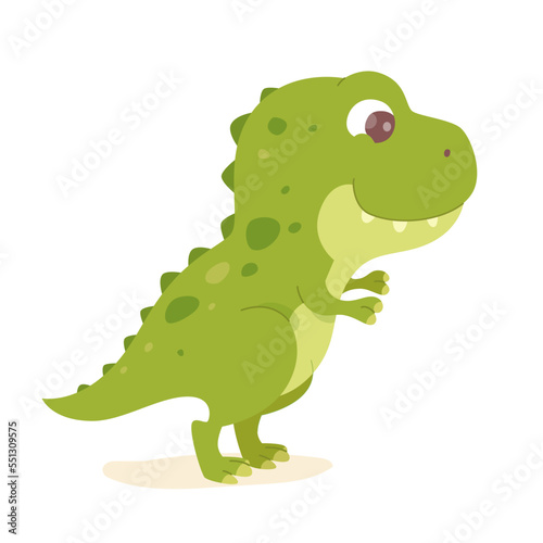 Cute baby dinosaur, green funny dino, prehistoric adorable animal and fantasy monster