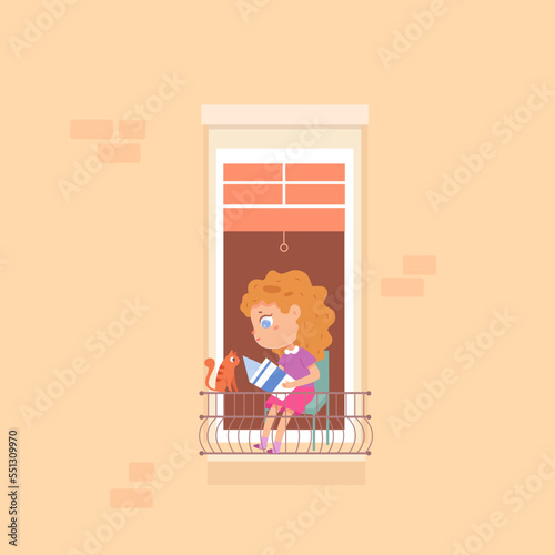 Girl reading book, kid sitting on balcony chair to read and breathe fresh air with cat