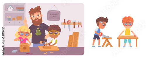 Woodwork master class with kids and carpenter teacher set, child working with wood