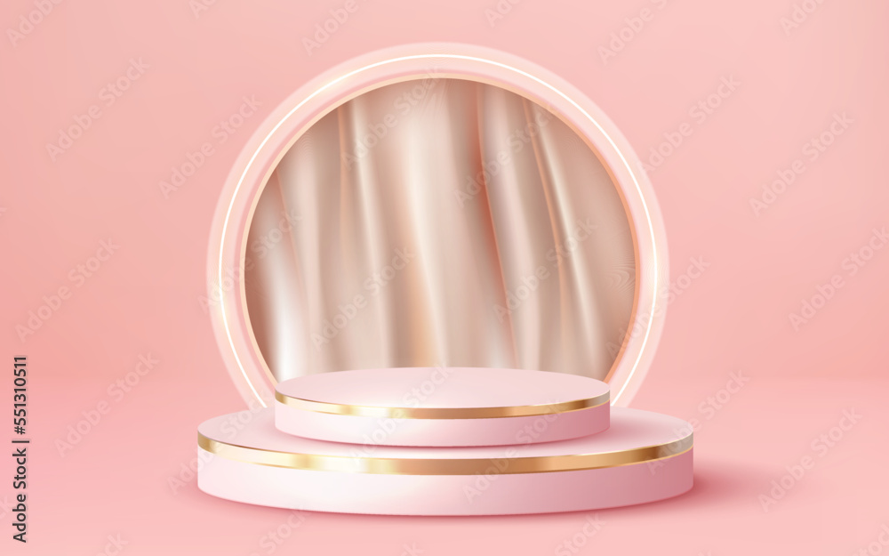 3d rendered luxury gold podium with white curtain cream showcase vector 3d pink background 3d rendered luxury gold podium with white curtain cream showcase vector 3d pink background