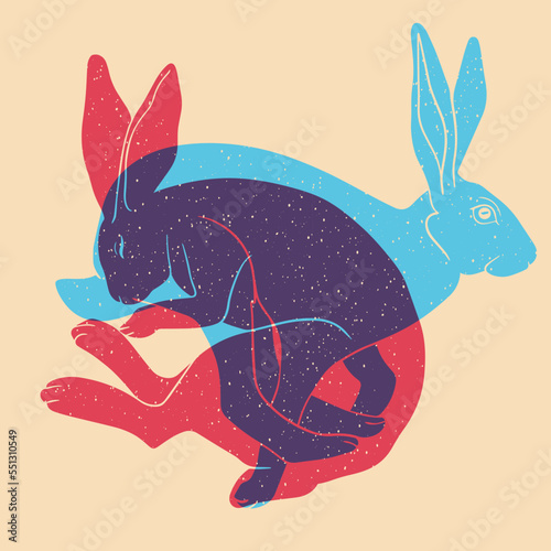 Two rabbits. Vector illustration. Risograph print effect. Glitch effect. Vector illustration. Graphic element  for fabric, textile, clothing, wrapping paper, wallpaper, poster.