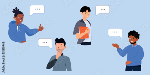 Flat illustration, office work. Men of different nationalities are talking, managers, employees, IT company, startup, report