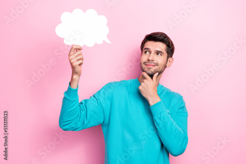 Photo of young minded student intellectual touch chin look empty space paper cloud genius proposition promo isolated on pink color background