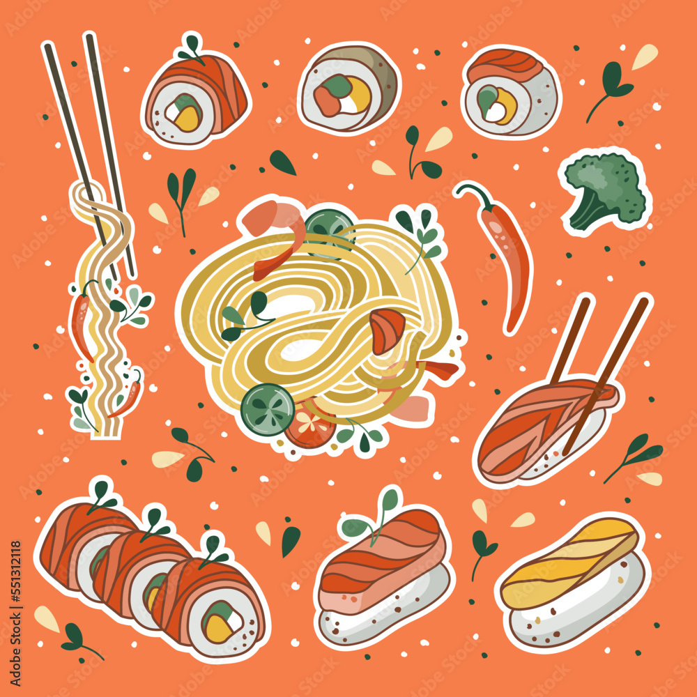 Asian food stickers. Udon or ramen soup, noodles, sushi, and bowl. Suitable for restaurant banners, logos, and fast food advertisements. Seafood.